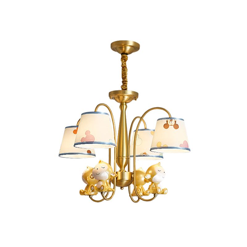 Pendre de chambre à coucher de singe Métal de métal 4 Bulbes Suspension Cartoon Lumière avec une nuance de tissu bleu en laiton
