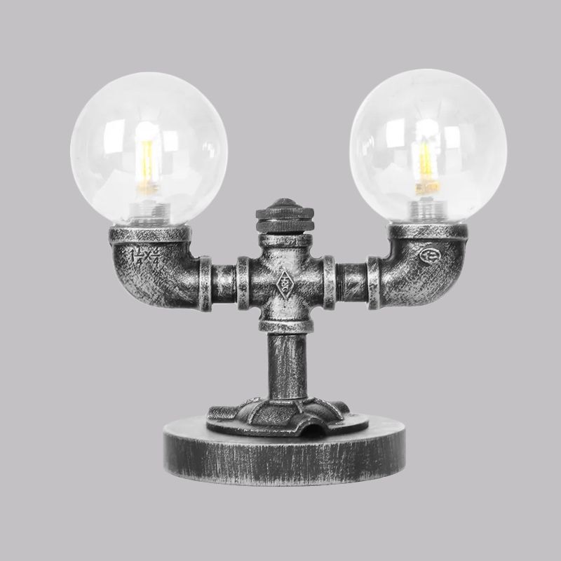 Lampada da scrivania industriale con paralume rotondo Illuminazione da lavoro in vetro trasparente/ambrato a 2/3 lampadine in argento antico/bronzo con base
