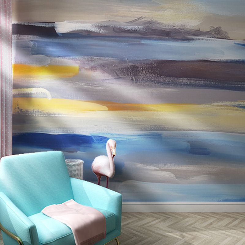 Murales con alba, cielo e mare in stile acquerello in oro e blu, decorazione murale astratta per la camera degli ospiti