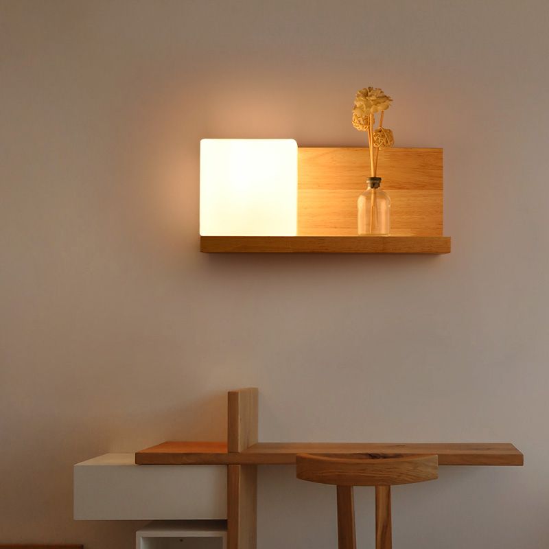 White Glass Square Sconce Light Chinese 1 Bulb Wood Wall Mounted Lamp for Dining Room