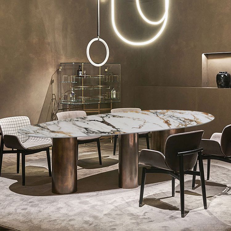 Oval Sintered Stone Dining Table Luxury Table in White with Metal 3 Legs