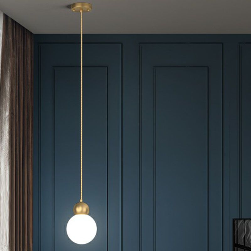 Gold Finish Ball Suspension Light Fixture Simplicity 1-Light Milk Glass Pendant for Bedroom