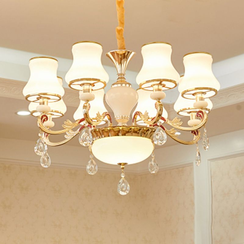White Glass Bud Ceiling Lighting Traditional Living Room Chandelier Light Fixture with Crystal Draping