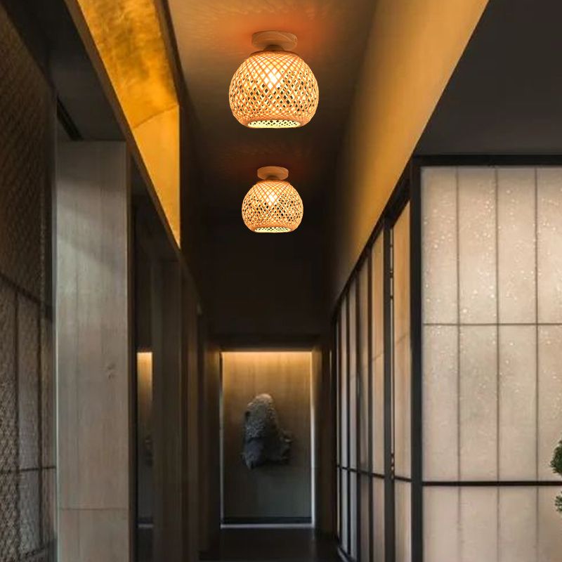 Asia Sphere Ceiling Flush Mount Bamboo Ceiling Mounted Fixture in Beige