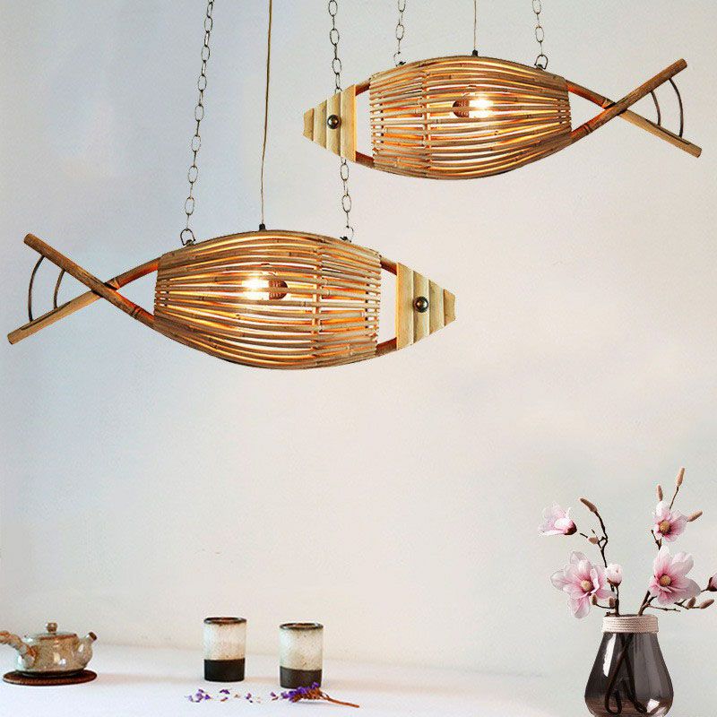 Bamboo Fish Suspension Light Asian Style Single Chandelier Light in Wood for Restaurant