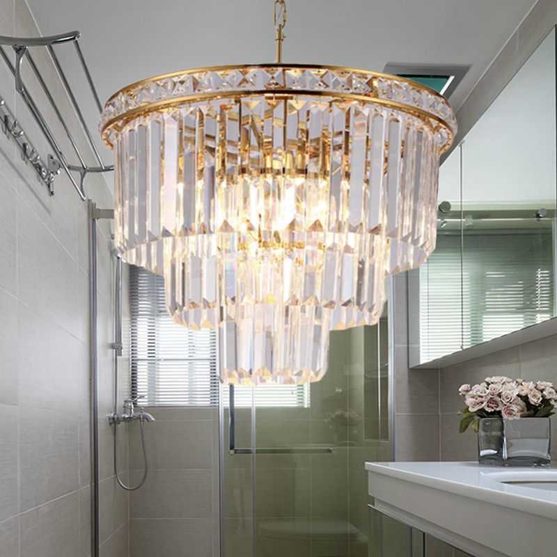 Luce a soffitto a quattro livelli moderni sfaccettate di cristallo ottico a 6 luci Luce lampadario in ottone, larghezza 19,5 "/23,5"