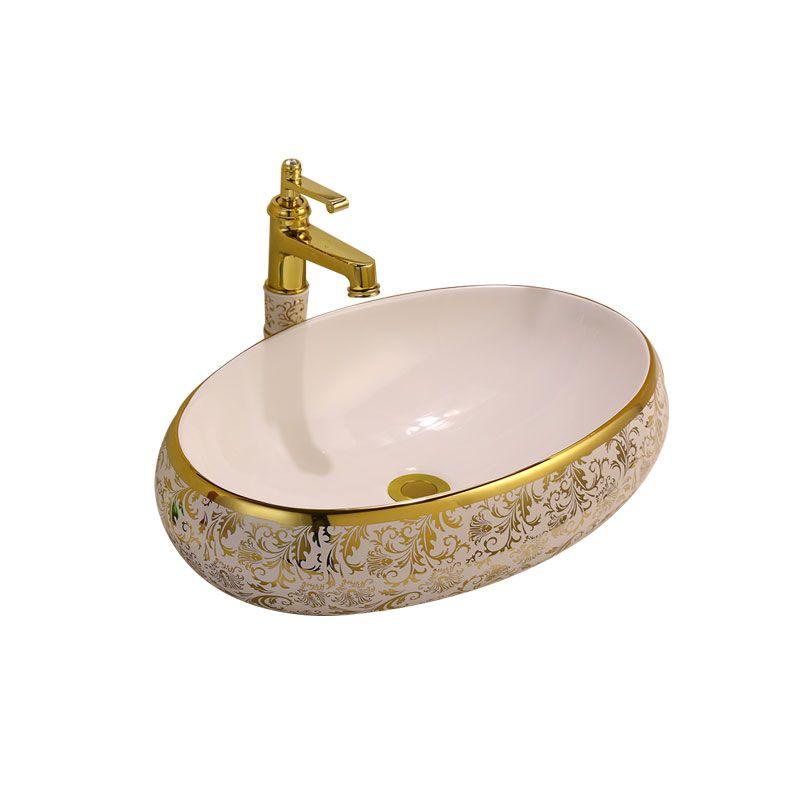 Glam Vessel Lavatory Sink Oval Porcelain with Faucet Vessel Sink