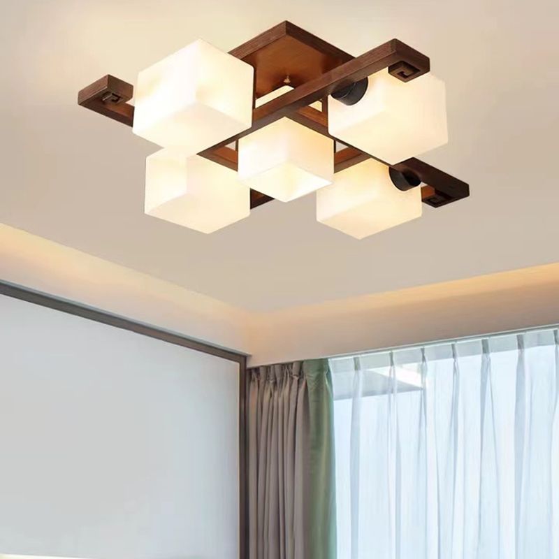 Modern Style Ball Shape Flush Mount Wood Ceiling Light in Brown for Living Room