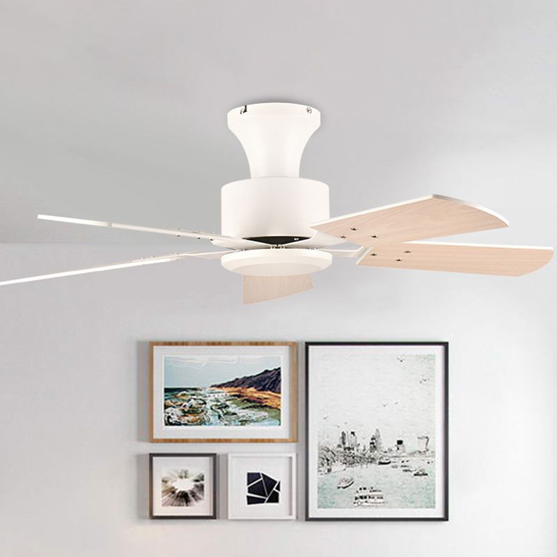 Cirkel eetkamer ventilator licht eenvoudig metalen led witte semi -spoelbevestiging met 5 houten messen, 32 "/36" breed