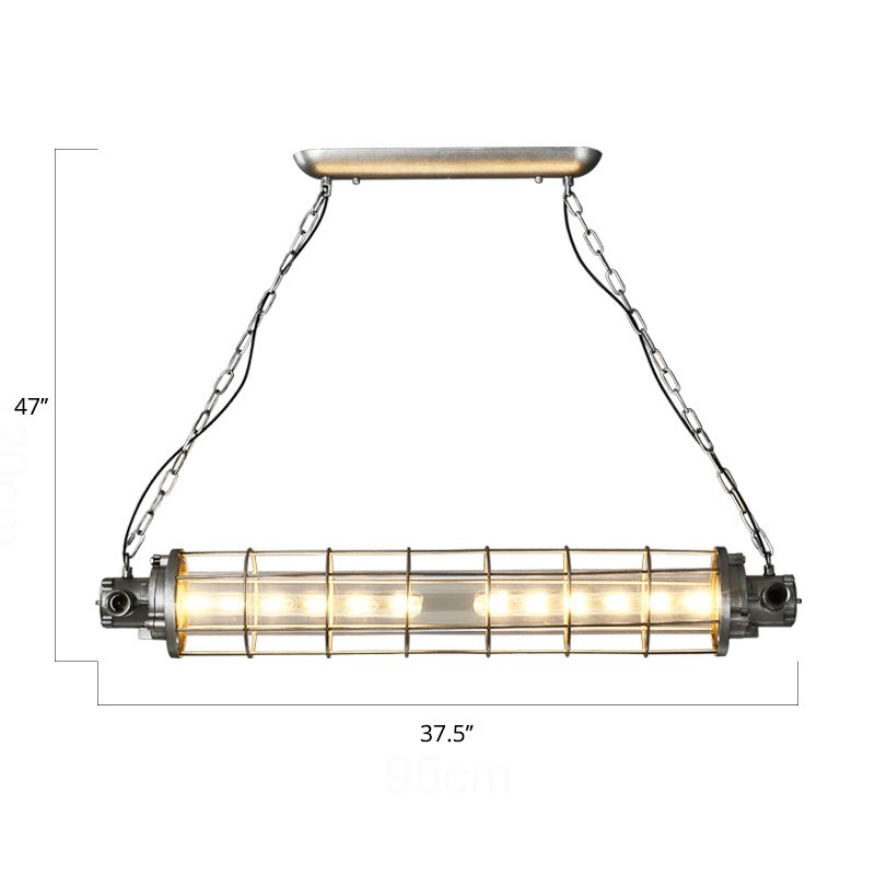Cage cylindrique Cage à LED LED Éclairage de pendentif en métal industriel en argent industriel avec teinte en verre transparent intérieur