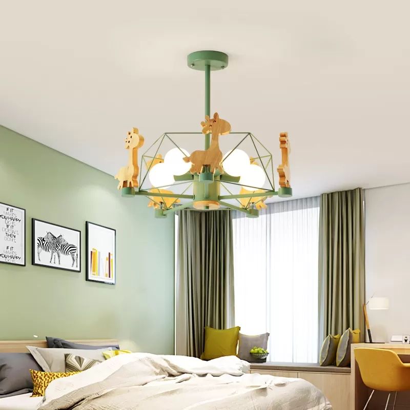 Wire Frame Semi Flush Mount Light with Giraffe 5 Heads Kids Metallic Ceiling Lamp for Child Bedroom