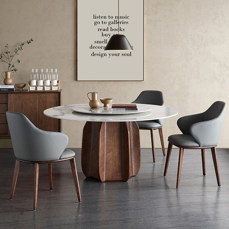 Round Dining Table Modern Stone Top Dining Table with Solid Wood Pedestal