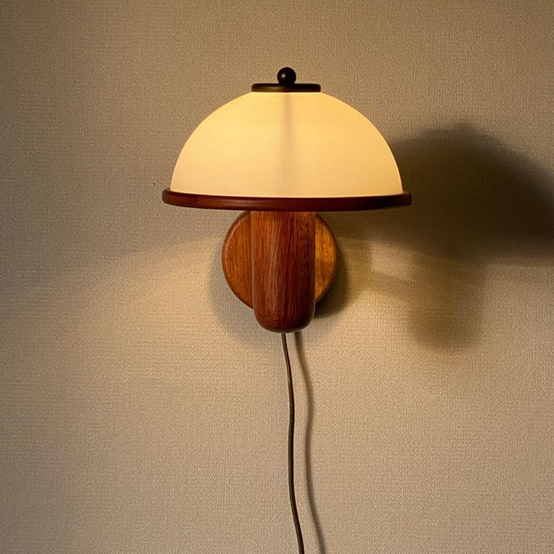 Modern Wood Wall Sconce Mushroom Shape Wall Light with Metal Shade for Living Room