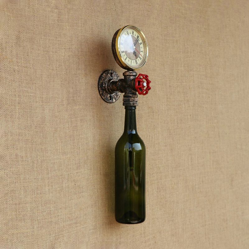 Brown/Blue Bottle Wall Sconce Lamp Vintage Stylish Glass 1 Bulb Living Room Wall Lighting with Gauge and Valve