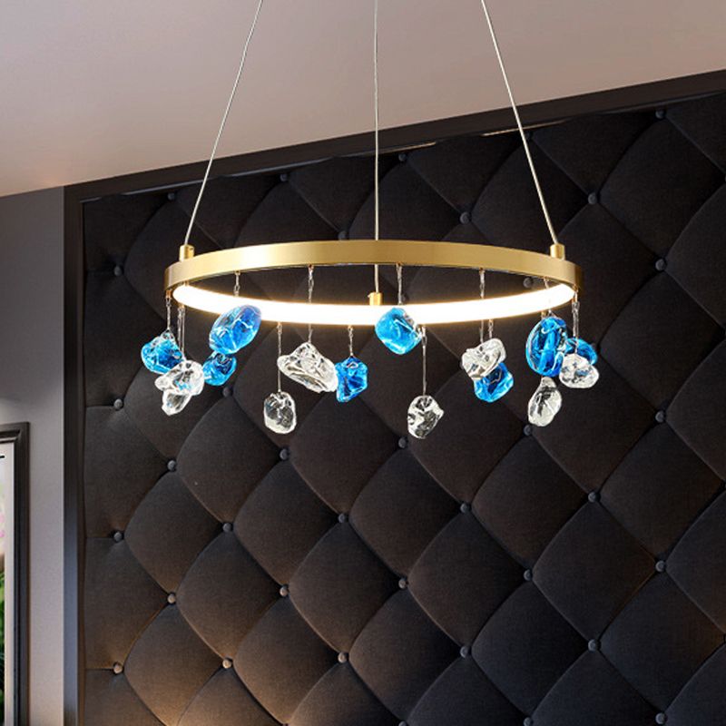 Mid Century Circle LED Kronleuchter Metall Lounge Anhänger Beleuchtung in Gold mit farbigem Edelstein -Tröpfchen, 16 "/19,5" breit