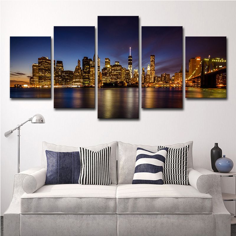 Night Brooklyn Bridge Park Canvas Multi-Piece Modern Living Room Wall Art, Brown