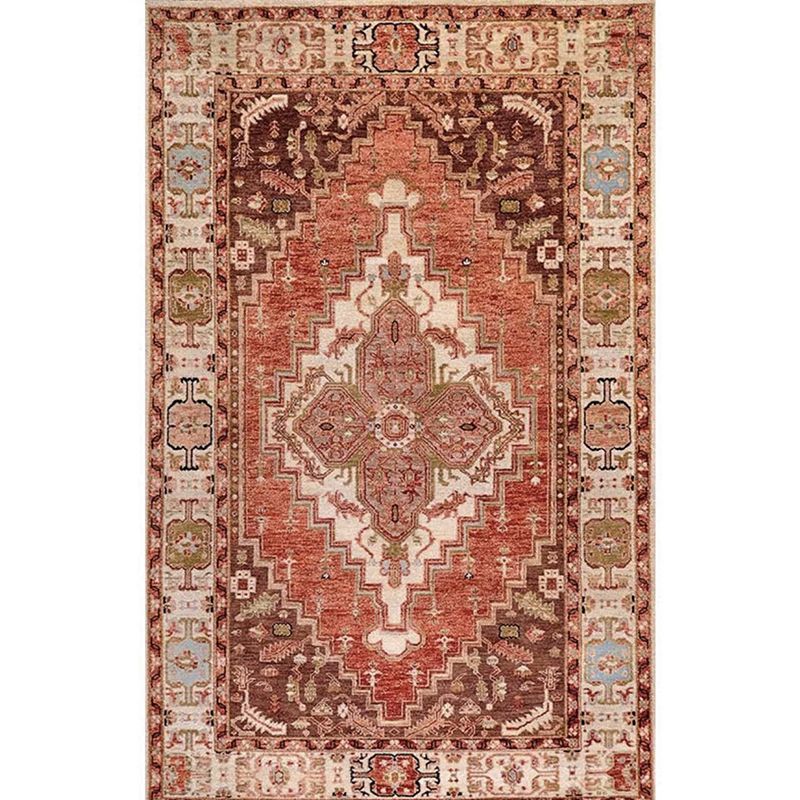 Red Tone Traditional Area Carpet Polyester Moroccan Print Indoor Rug Easy Care Carpet for Living Room
