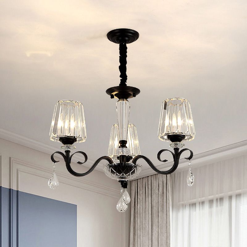 Cono ombra hotel soffitto lampadario retrò cristallo prismatico ciondolo a goccia nera a 6 light con elemento di scorrimento