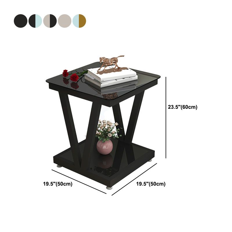 Square Glass Top Side Table 23.6" Tall Steel Trestle Base End Table with Shelf