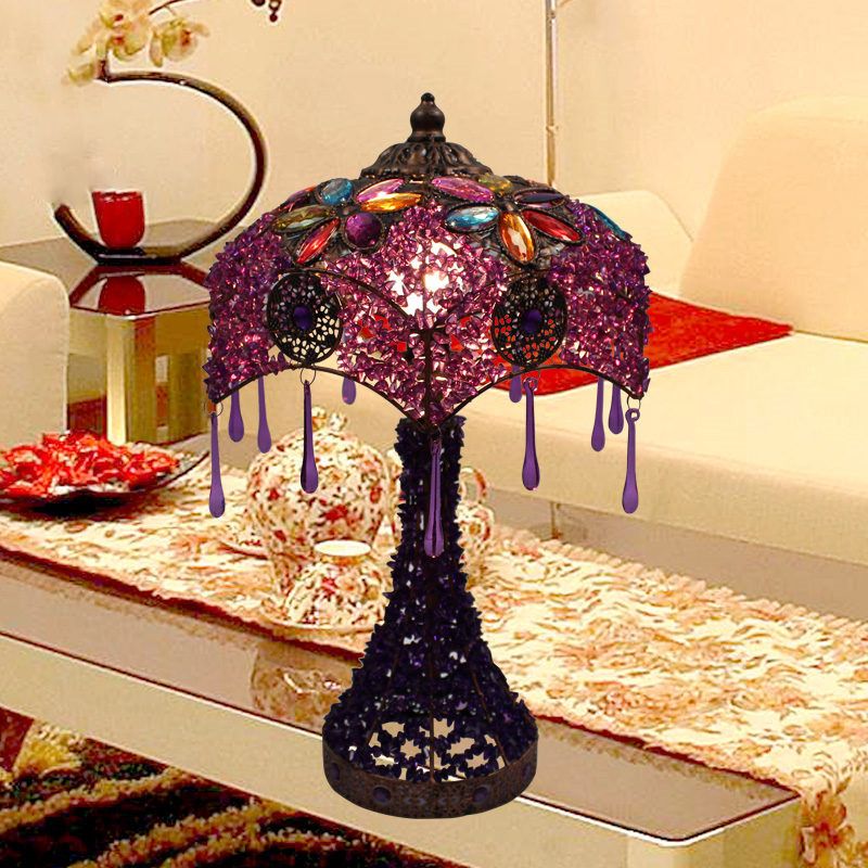 1-Light Nightstand Lamp Bohemian Stained Glass Bowl Hollowed-out Table Light with Flared Base in Purple/Red