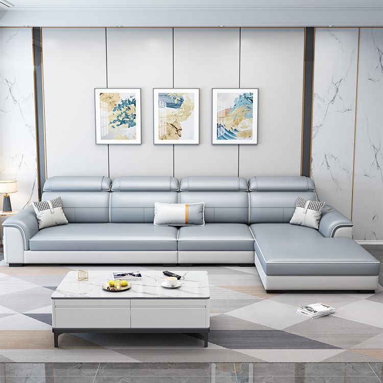 L-Shaped Blue Sectional Sofas Solid Wood Sectional Couch for Living Room