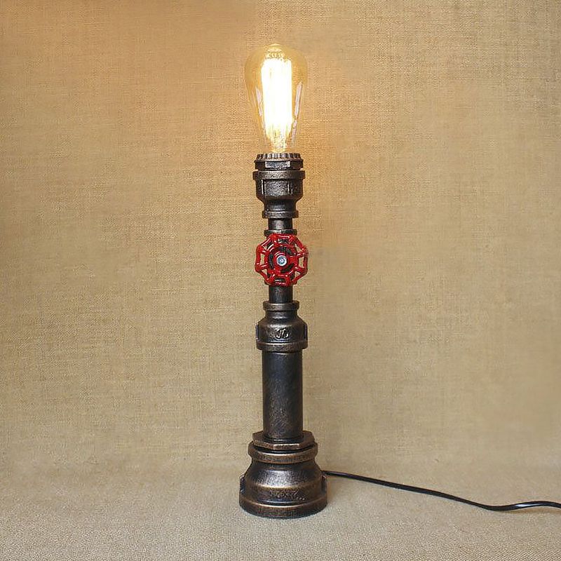 1 Bulb Plumbing Pipe Table Light with Open Bulb and Valve Industrial Bronze Metallic Standing Light