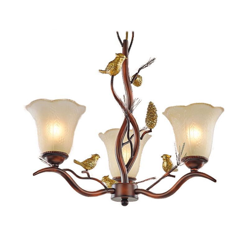 Flower Shaped Living Room Ceiling Chandelier Rustic Frosted Glass 3/6/8 Lights Brown Hanging Fixture with Bird