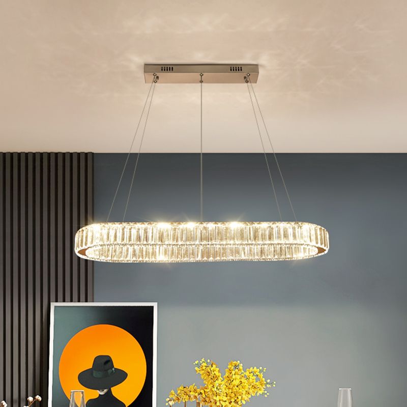 Restaurant LED Hanging Pendant Simple Stainless Steel Island Light with Oval Crystal Shade