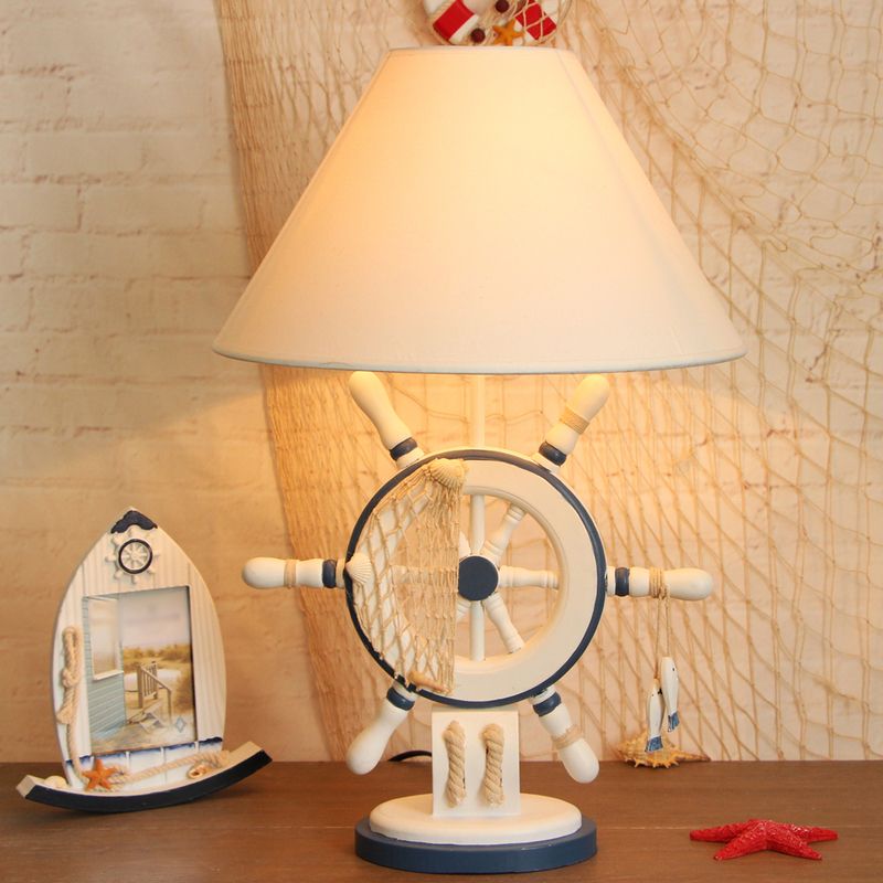 LifeBuoy / Rudder Wooden Table Light Kids Light Blue Blue Nightstand Lampe avec une teinte en tissu conique