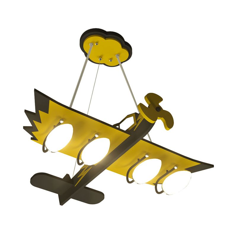 Kids Aircraft Chandelier Wood 4 Bulbs Children Game Room Hanging Lamp in Yellow with White Glass Shade
