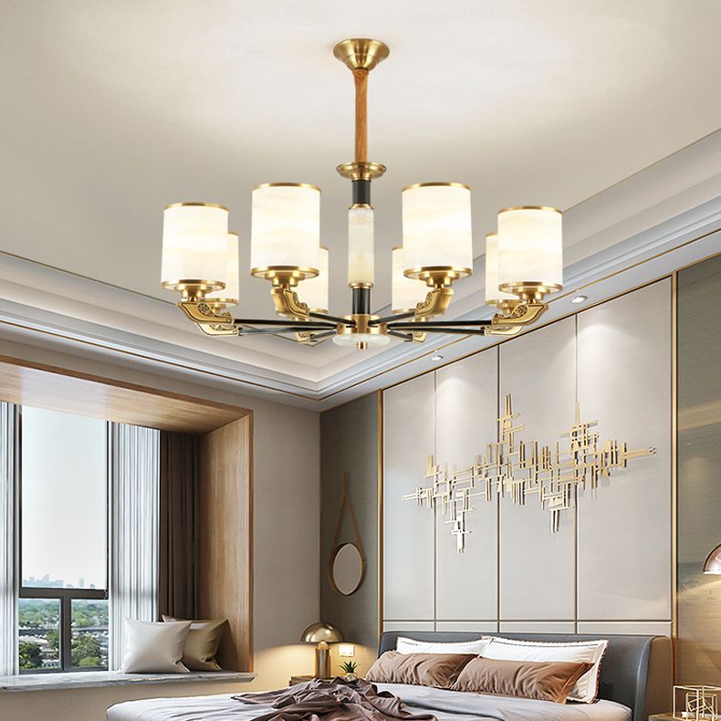 Contemporary Cylindrical Hanging Pendant Light Copper Ceiling Chandelier with Glass Shade
