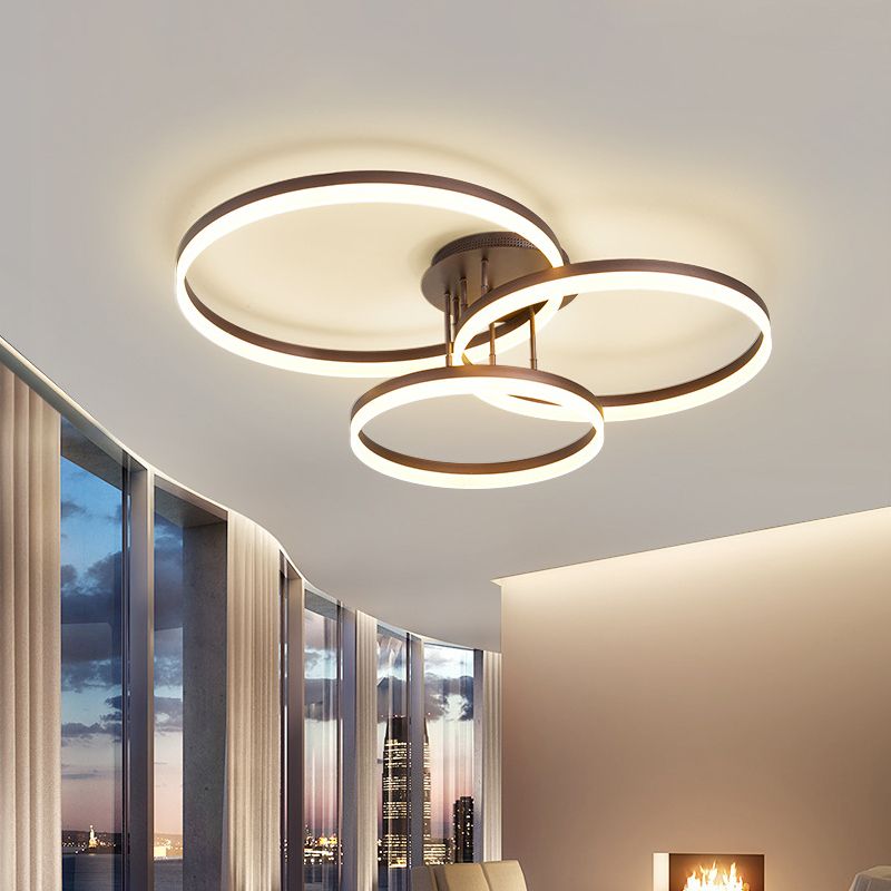 Coffee Hoop Shaped Ceiling Light Minimalist 3-Light Acrylic LED Semi Flush Mount Lamp with Spiral Design, Warm/White Light