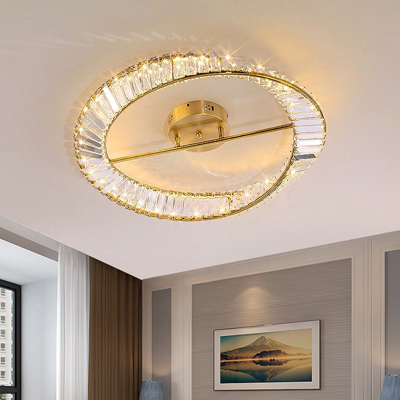 Contemporary Circular Flush Light Crystal 1 Light Flush Mount Ceiling Fixture in Gold