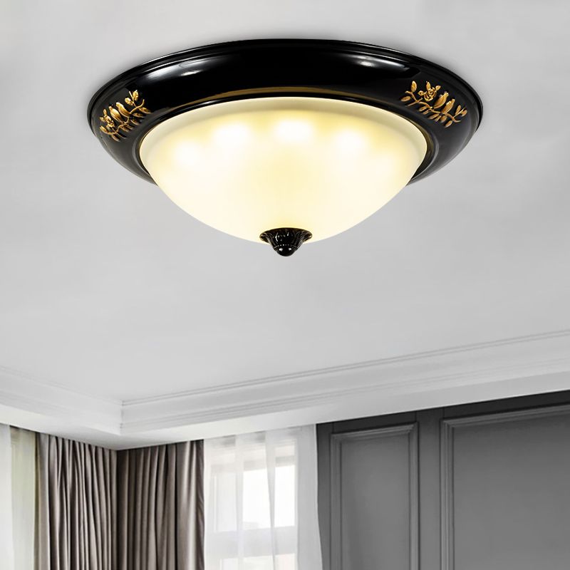 3 Heads Ceiling Mounted Light Traditional Living Room Flush Lamp Fixture with Dome Opal Glass Shade in Black