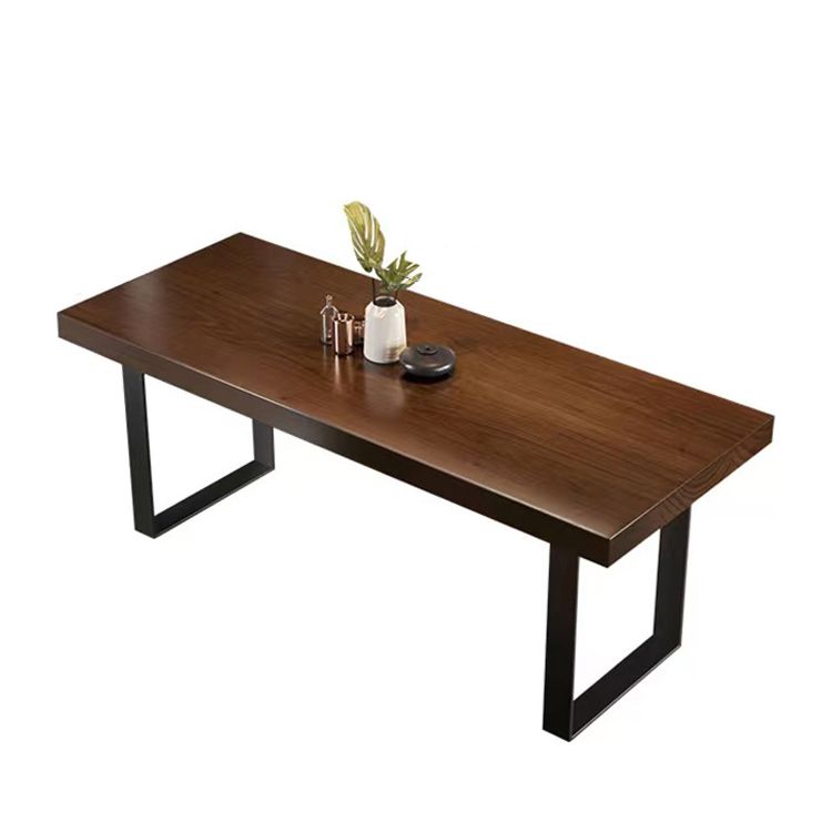 Brown Solid Wood Top Table Rectangle Black Iron Sled Base Dining Table