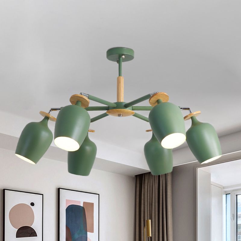 Green Tulip Semi Flush Light Fixture Contemporary 6/8 Bulbs Iron Flushmount Lighting with Wood Detail