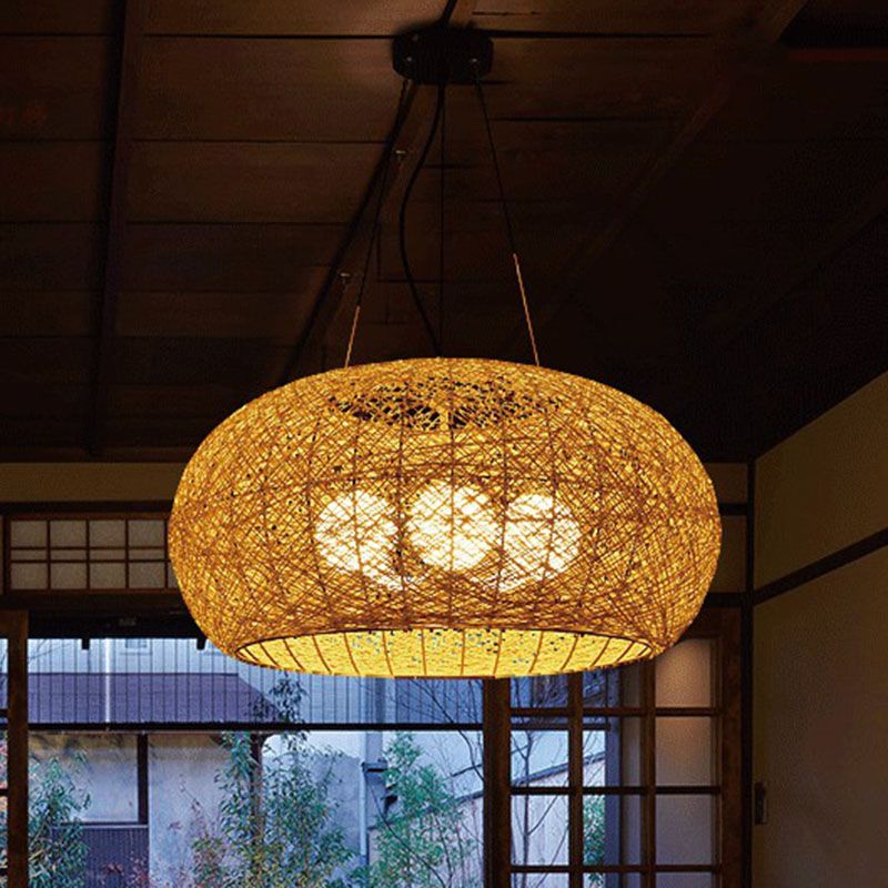 Rattan Curved Drum Ceiling Lighting South-east Asia 3 Heads Chandelier Light Fixture