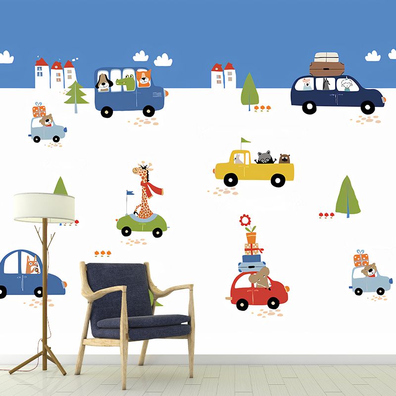 Enormous Illustration Contemporary Mural Wallpaper for Kids with Cartoon Car and Bus Design in Natural Color