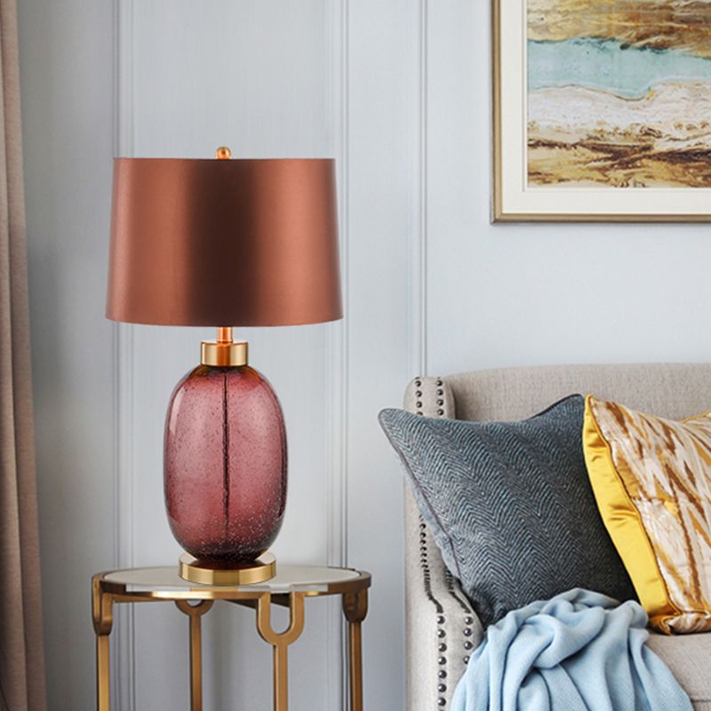 Barrel Shape Desk Light Fabric contemporain 1 lampe de table de nuit de l'ampoule en marron avec une base de cristal glacé oblongue