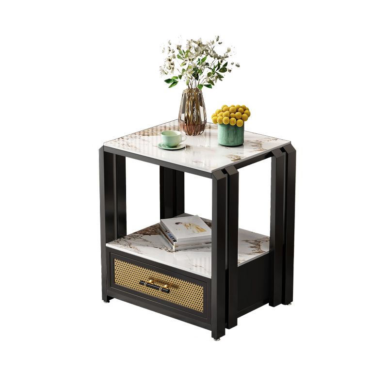 Frame Glam Style Side Table 21.6" Tall Stone Top Side Table with Storage