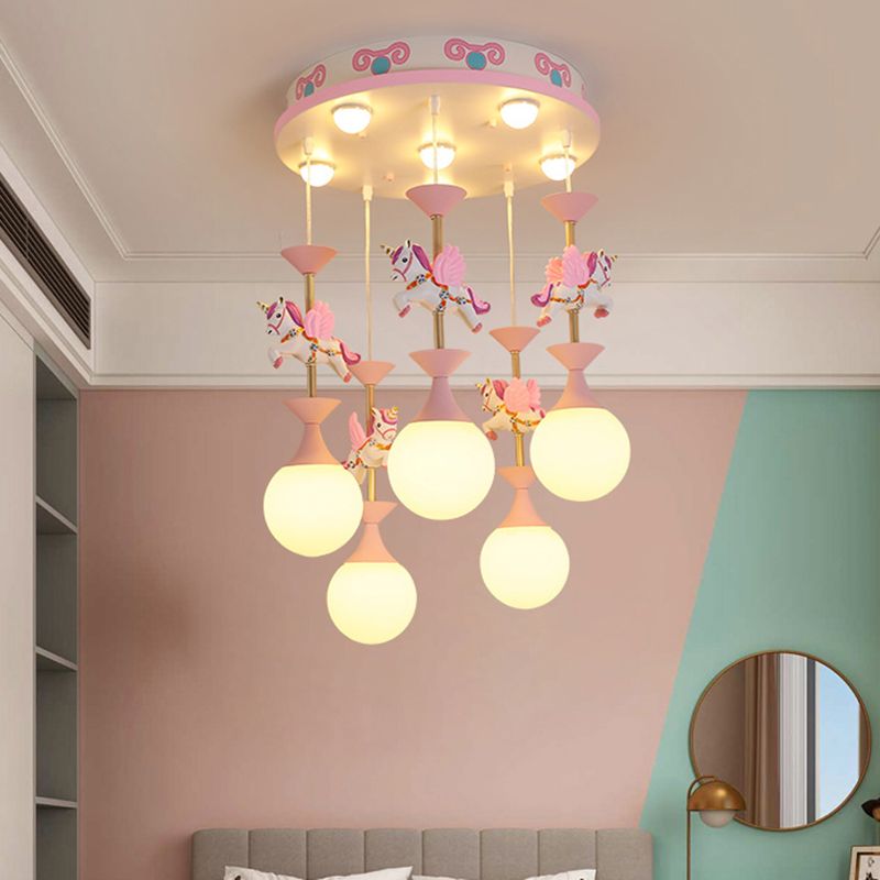 Cartoon Flying Unicorn Multi Light Pendant Resin Kindergarten Hanging Lighting with Sphere Cream Glass Shade