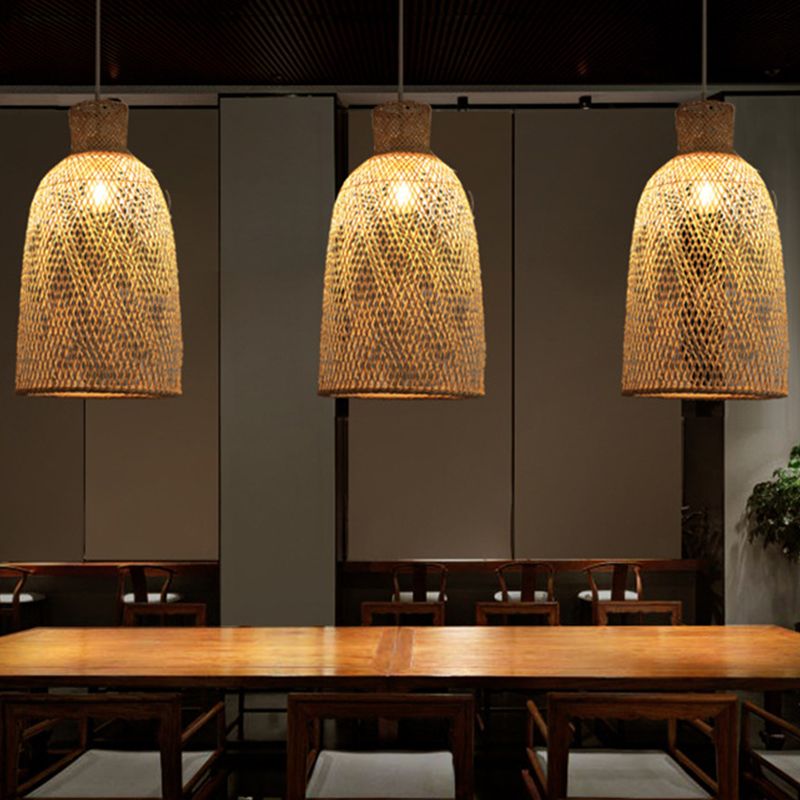 Khaki Trumpet Pendant Lamp Japanese 1 Bulb Bamboo Hanging Light Fixture over Dining Table