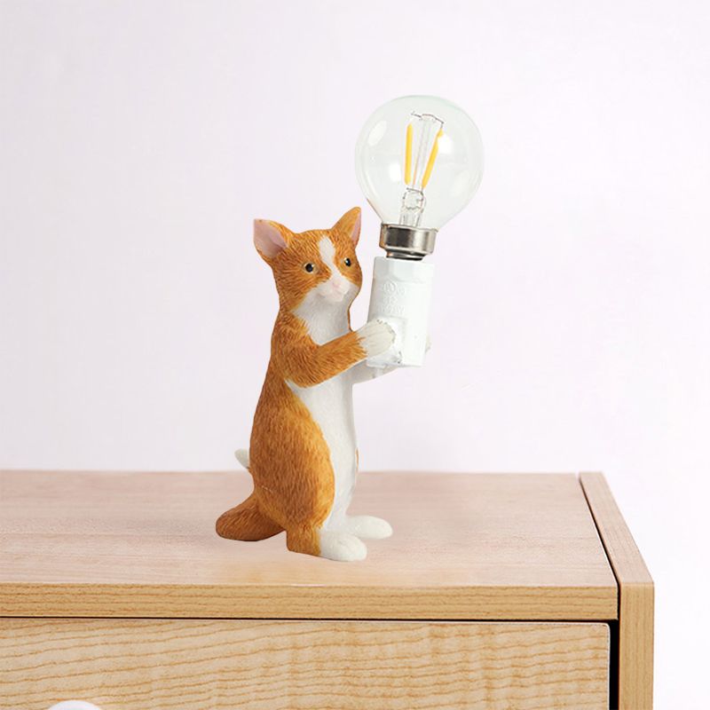 Tabby Cat Holder Table Lamp Kids Iron 1 Bulb Black/Yellow/Blue Nightstand Light with Bare Bulb Design