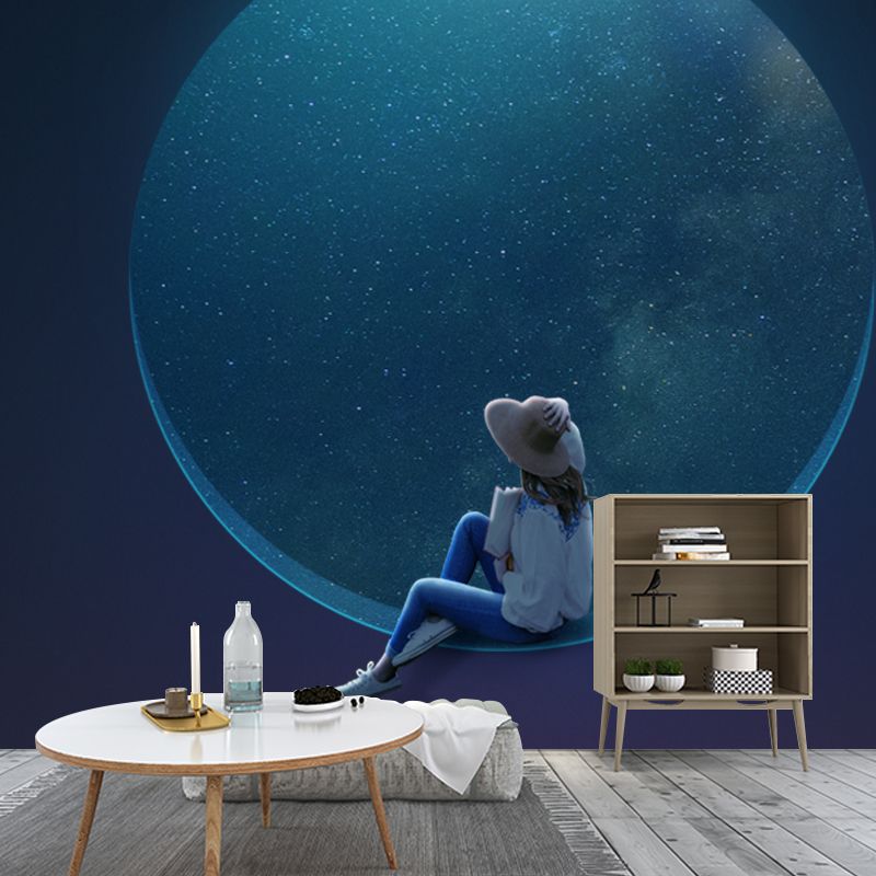 Non-Woven Washable Murals Sci-Fi Girl and Starry Moon Night Wall Art for Bedroom