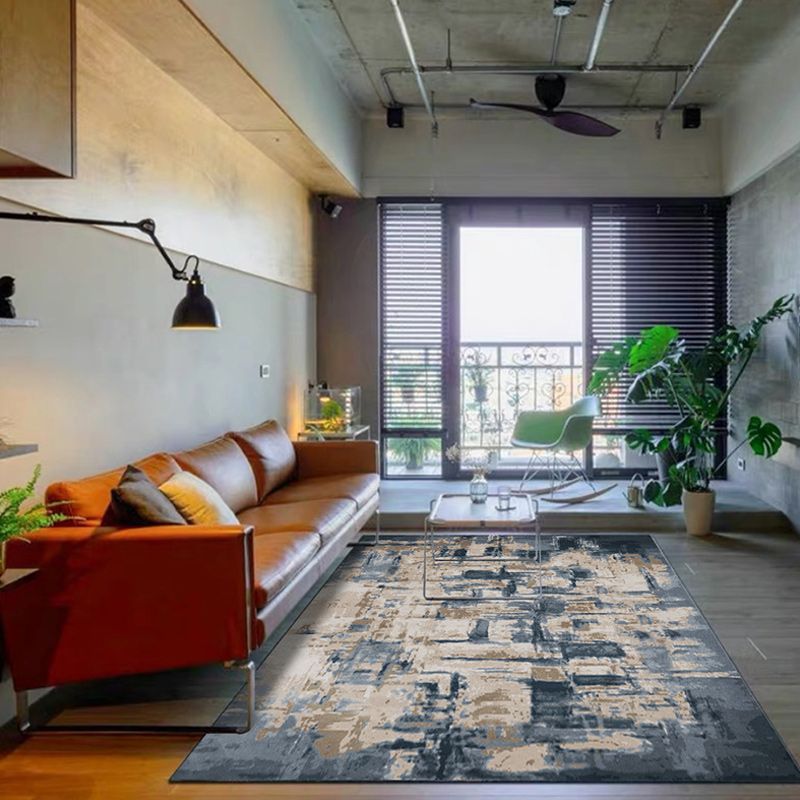 Industrial Oil Painting Pattern Rug Dark Blue Polyester Rug Washable Non-Slip Backing Area Rug for Bedroom