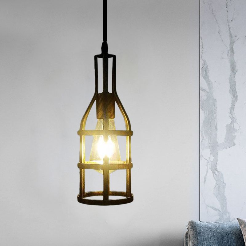 Drahtkäfig -Metallhänge hängendes Industrial 1 Lampenküche Hanges Anhänger Licht mit Weinflaschendesign in Schwarz/antikes Messing
