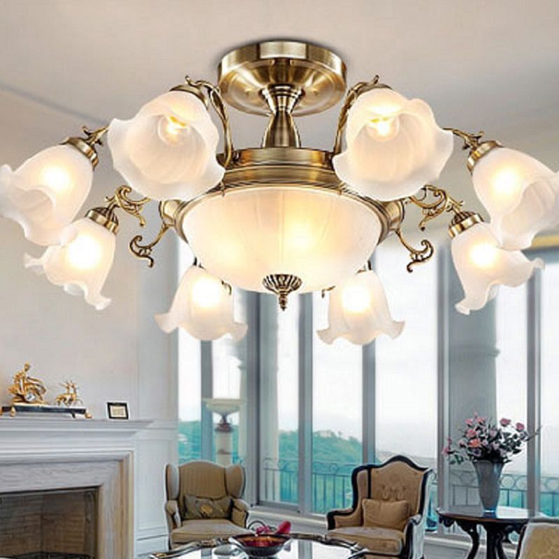 Bronze/Copper 8 Bulbs Semi Flush Light Rustic Opal Frosted Glass Ruffled Ceiling Mount Chandelier