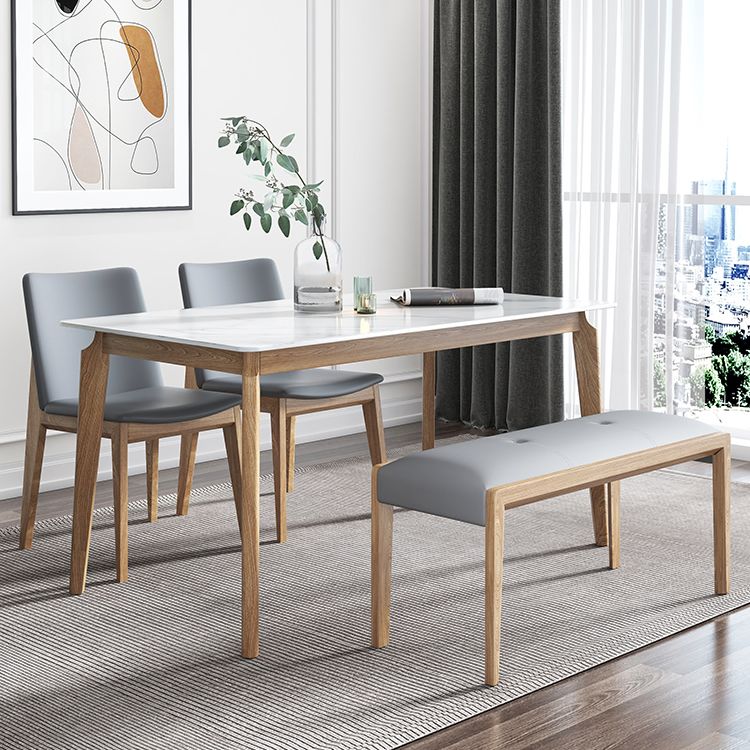 Sintered Stone White Tone Table Mid-Century Modern 4 Legs Table for Dining Room