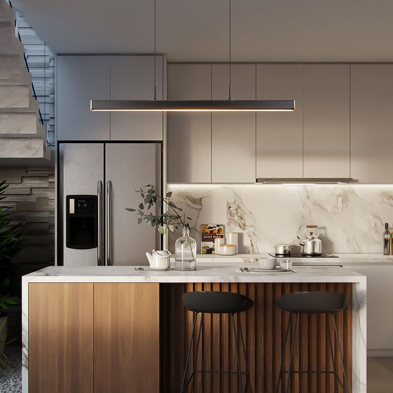 Rubber Wood + Iron Modern Minimalism LED Island Light 59" Height Adjustable Long Strip Kitchen Hanging Pendant in Frosted Black