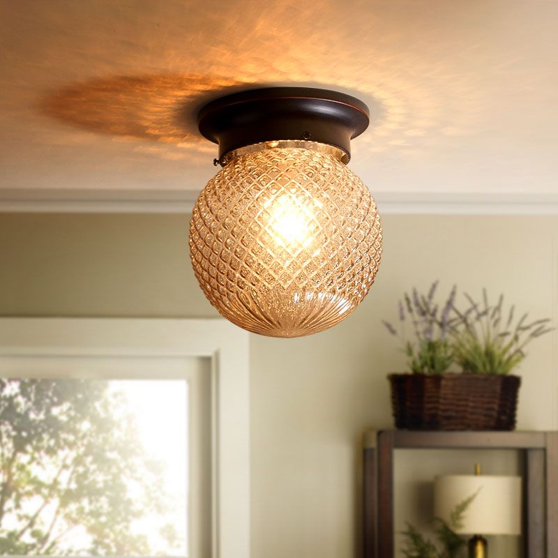 One Light Globe Flush Mount Black/Clear Industrial Ribbed/Opal/Prismatic Glass Lighting Fixture, 6"/6.5" Wide